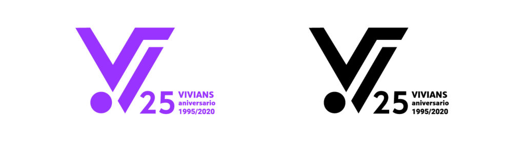 Logotipo para la Orquesta Vivians. Diseñado especialmente para su 25 aniversario. En color morado a la izquierda y a la derecha en color negro.