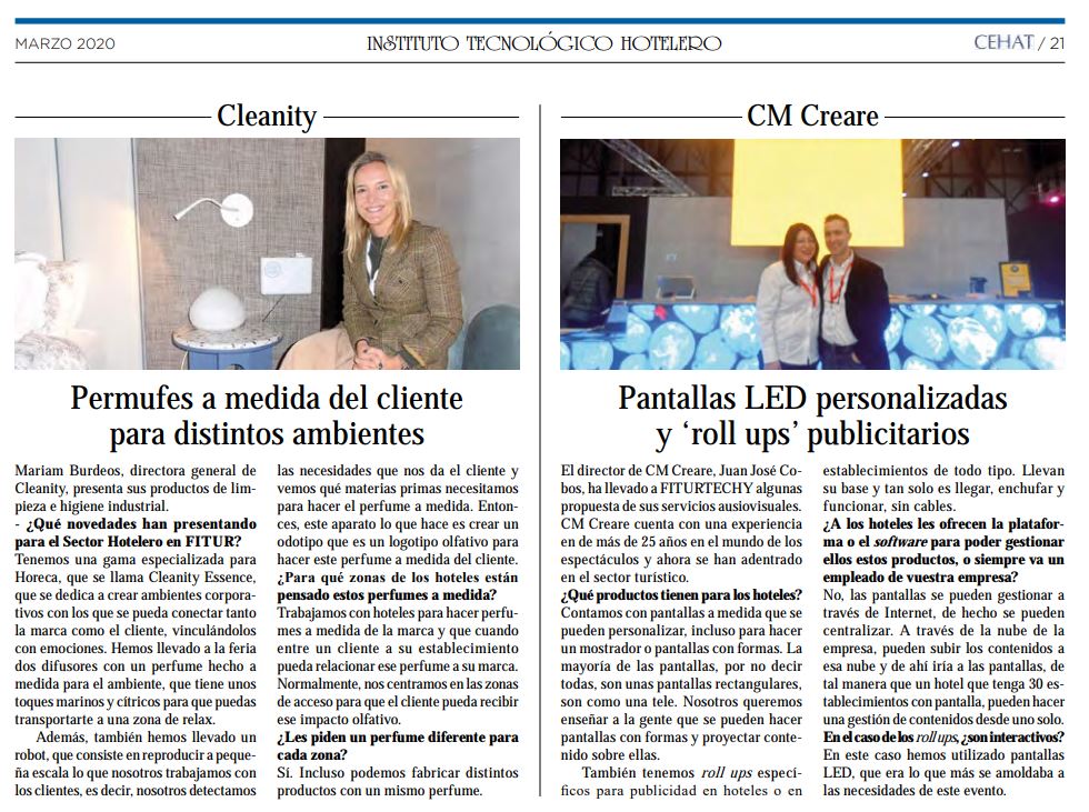 Artículos del periódico CEHAT. A la derecha, el artículo de CM Creare con nuestras pantallas led.